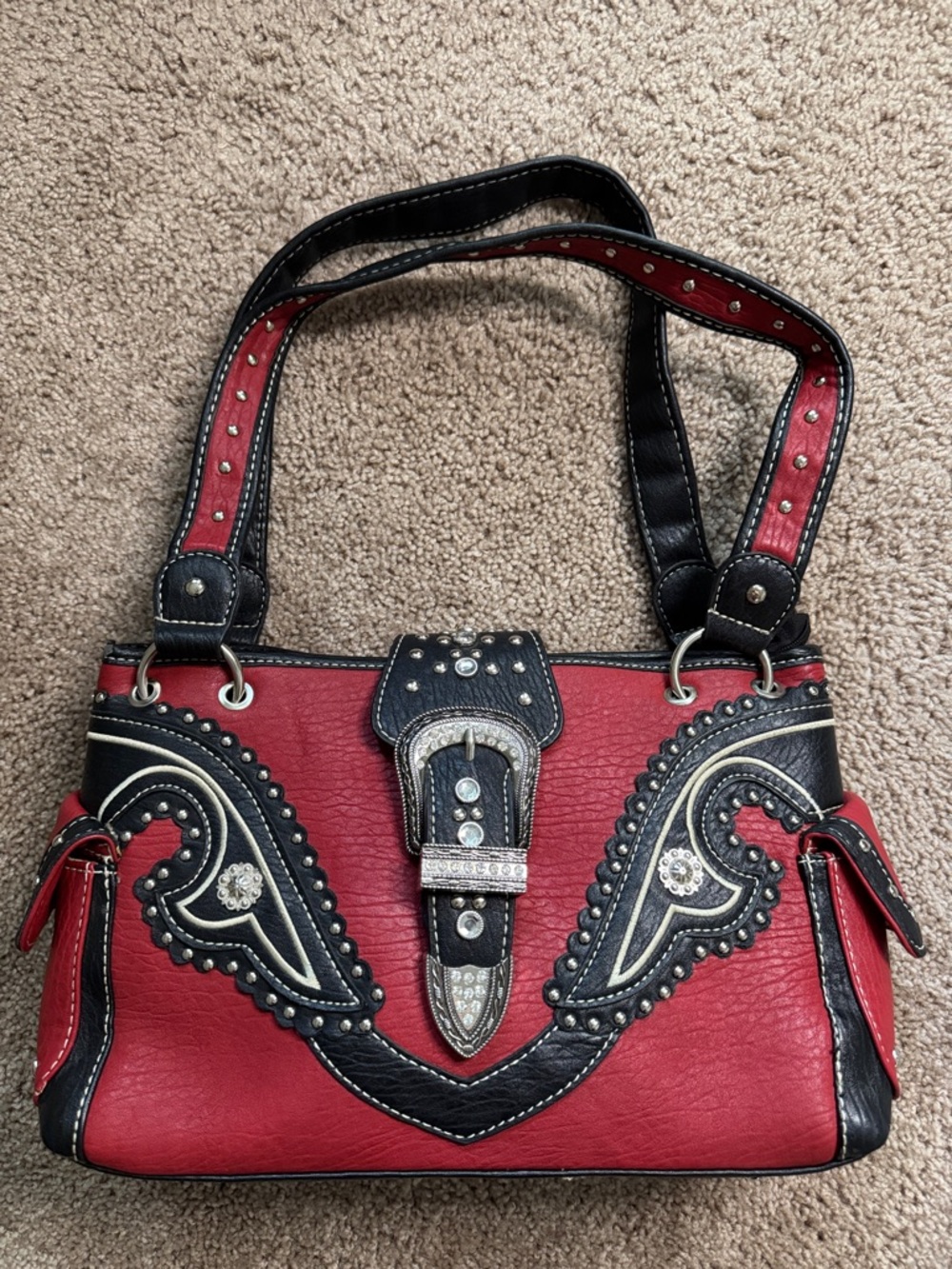 Red and Black Embellished Studded Shoulder Bag